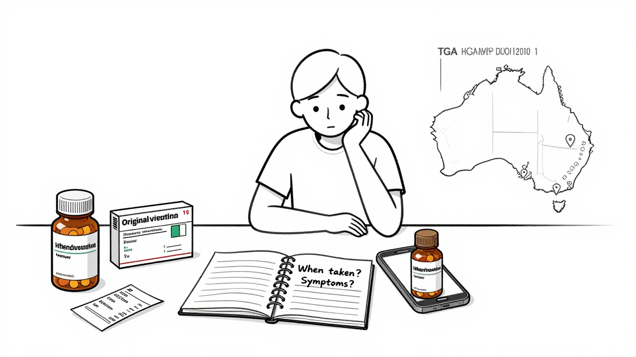 Person documenting medication error with pills, receipt, and prescription on desk.