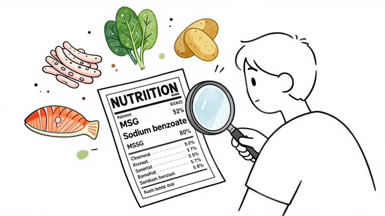 Person reading a nutrition label with magnifying glass, surrounded by potassium-rich whole foods.