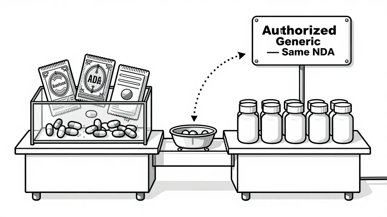 Pharmaceutical factory with two production lines making identical pills for brand and authorized generic.