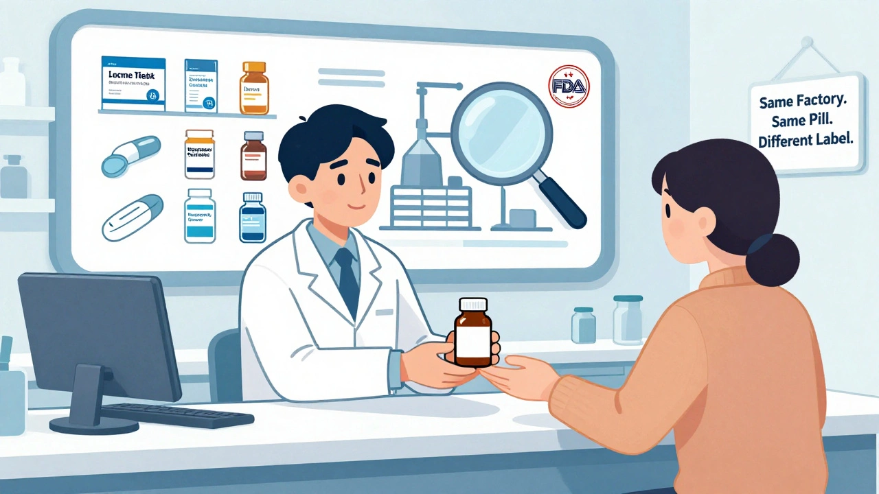 Pharmacist giving authorized generic pill bottle to patient, with factory diagram in background.