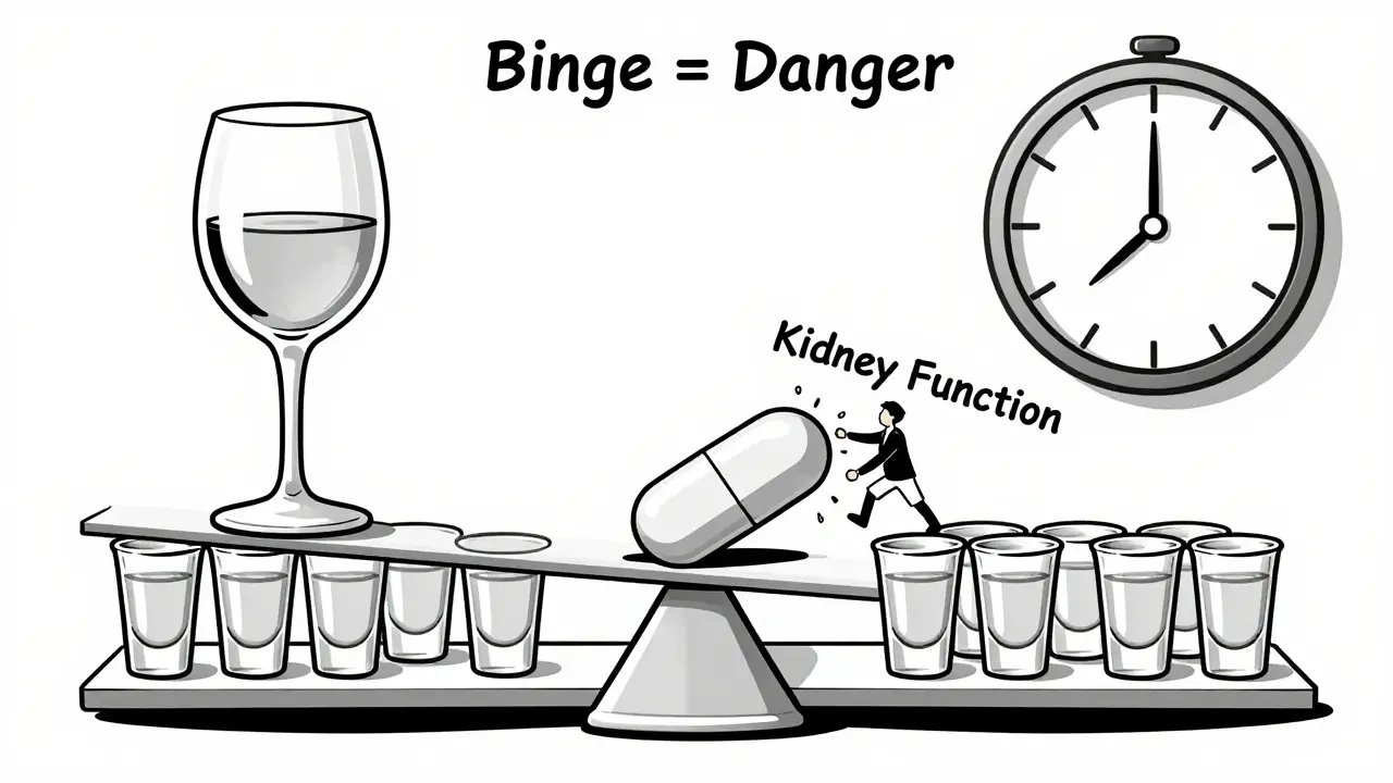 Scale balancing one wine glass against ten vodka shots, with metformin pill and warning symbols.