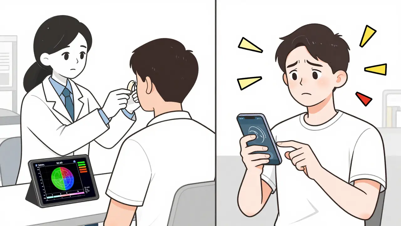 Side-by-side comparison: audiologist fitting hearing aid vs. person self-fitting with app errors