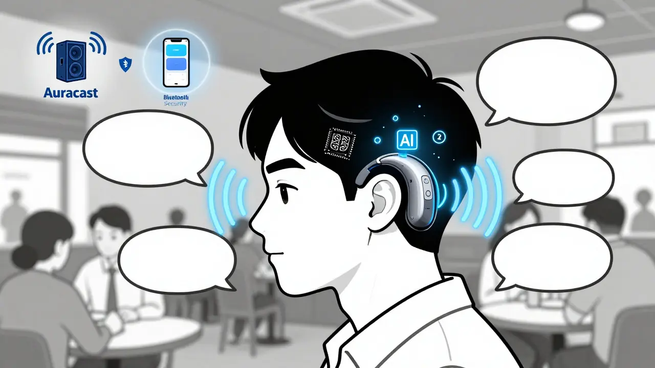 Smart hearing aid in a restaurant filtering speech with AI, LE Audio signals, and Auracast icons