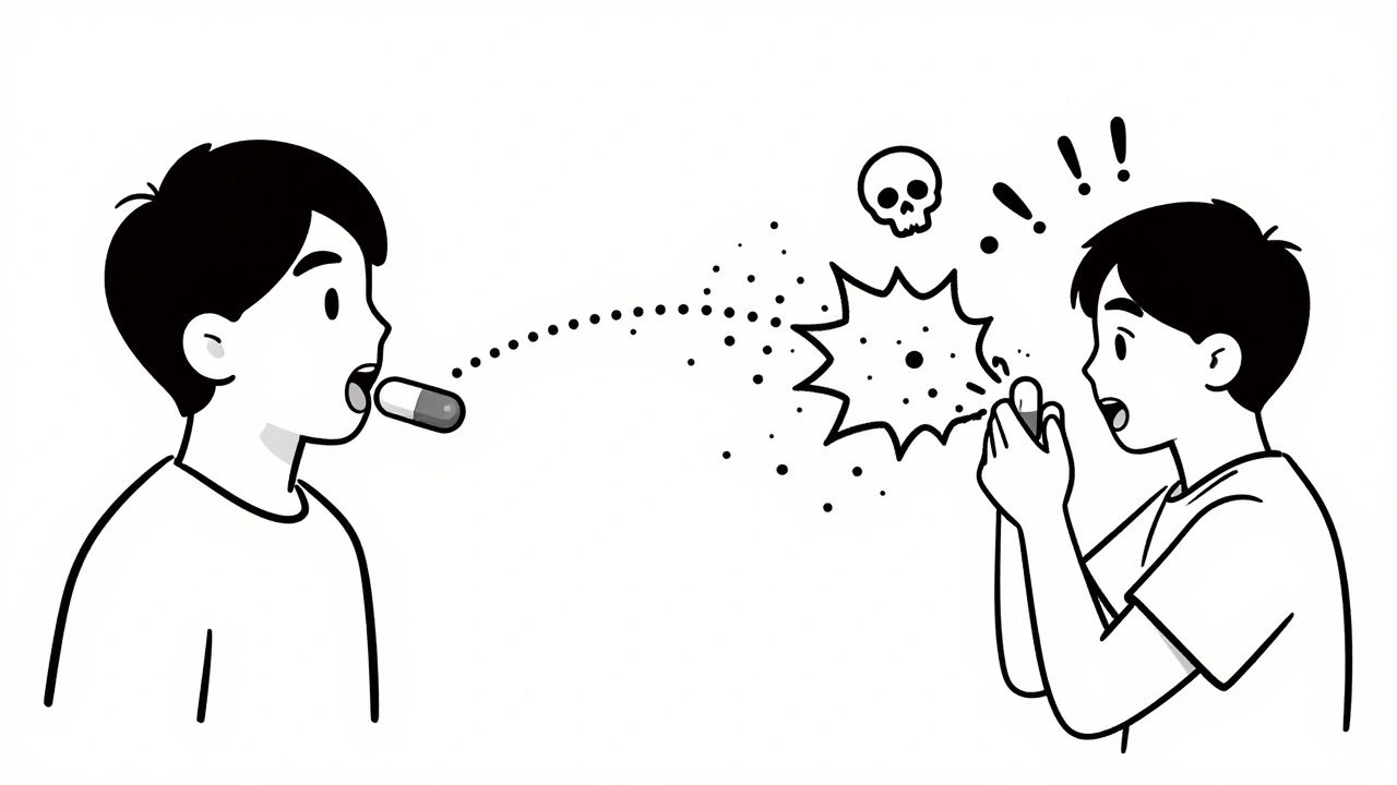 Split illustration: one side shows slow medication release, the other shows a dangerous explosion from crushing a pill.