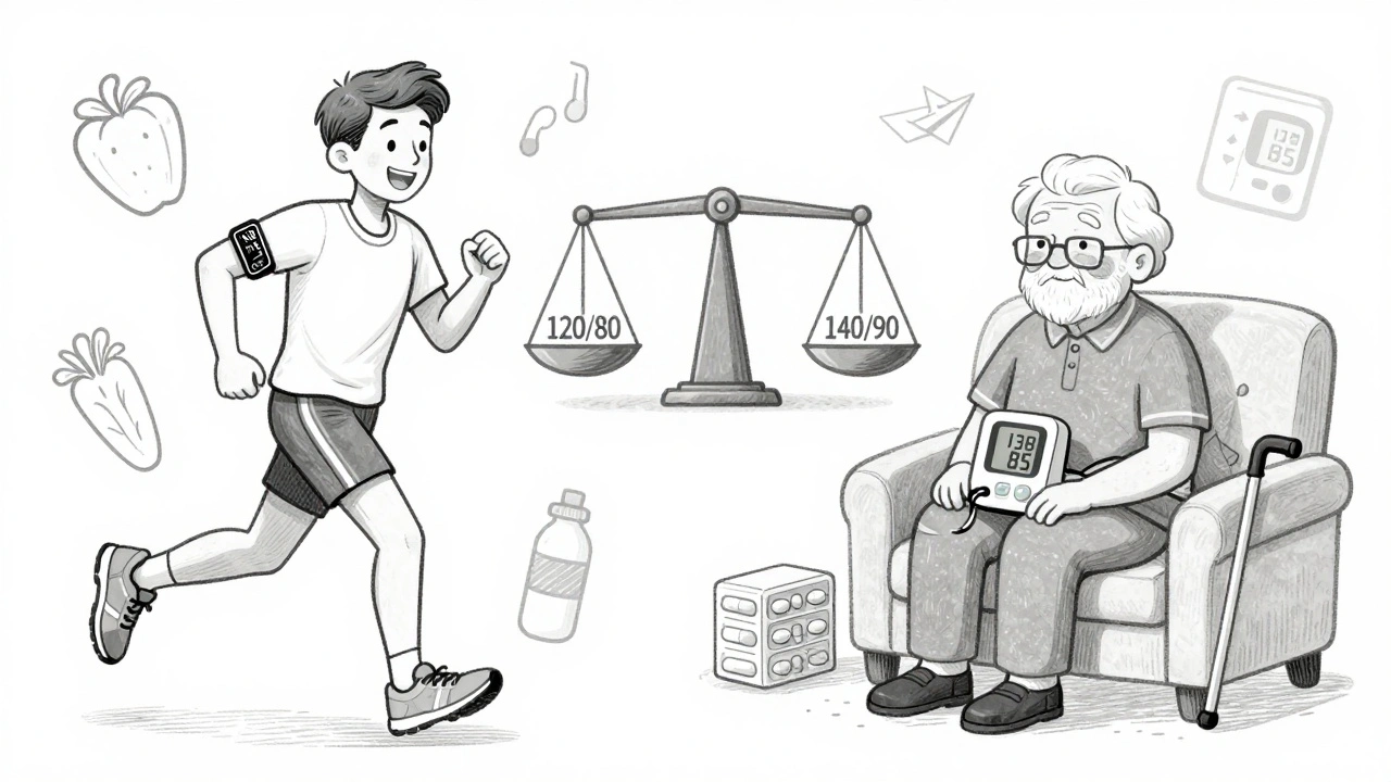 Split illustration: young runner with low BP and elderly person with higher BP, both feeling fine.