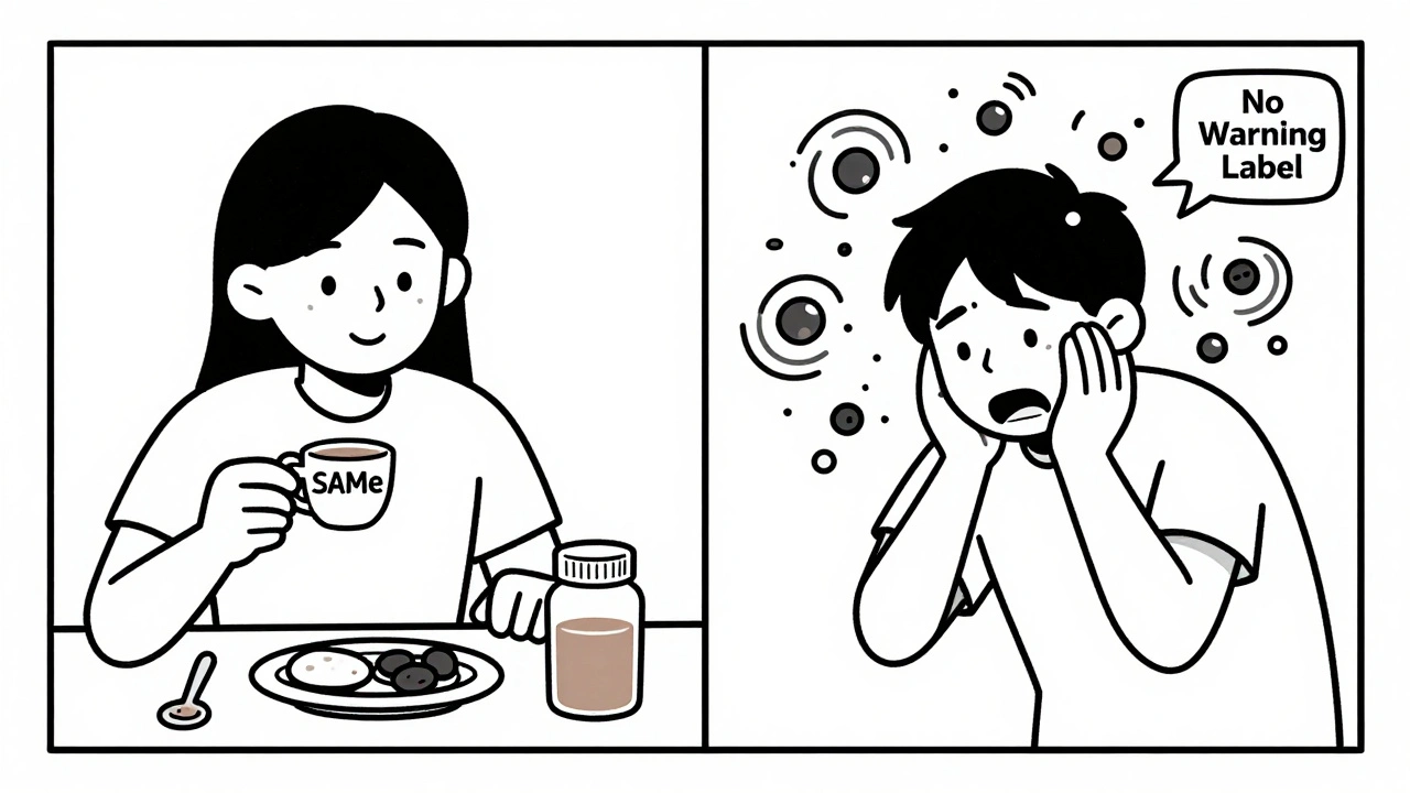 Split image of a calm person taking SAMe versus the same person overwhelmed by exploding serotonin molecules.