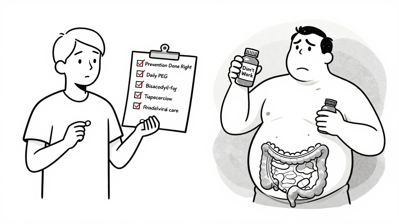 Split image: proactive laxative use vs. failed attempts, showing gut anatomy and daily medication routine.