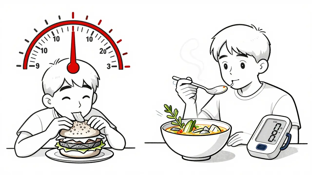 Split scene: fast-food burger with high sodium vs. homemade soup with healthy blood pressure reading.