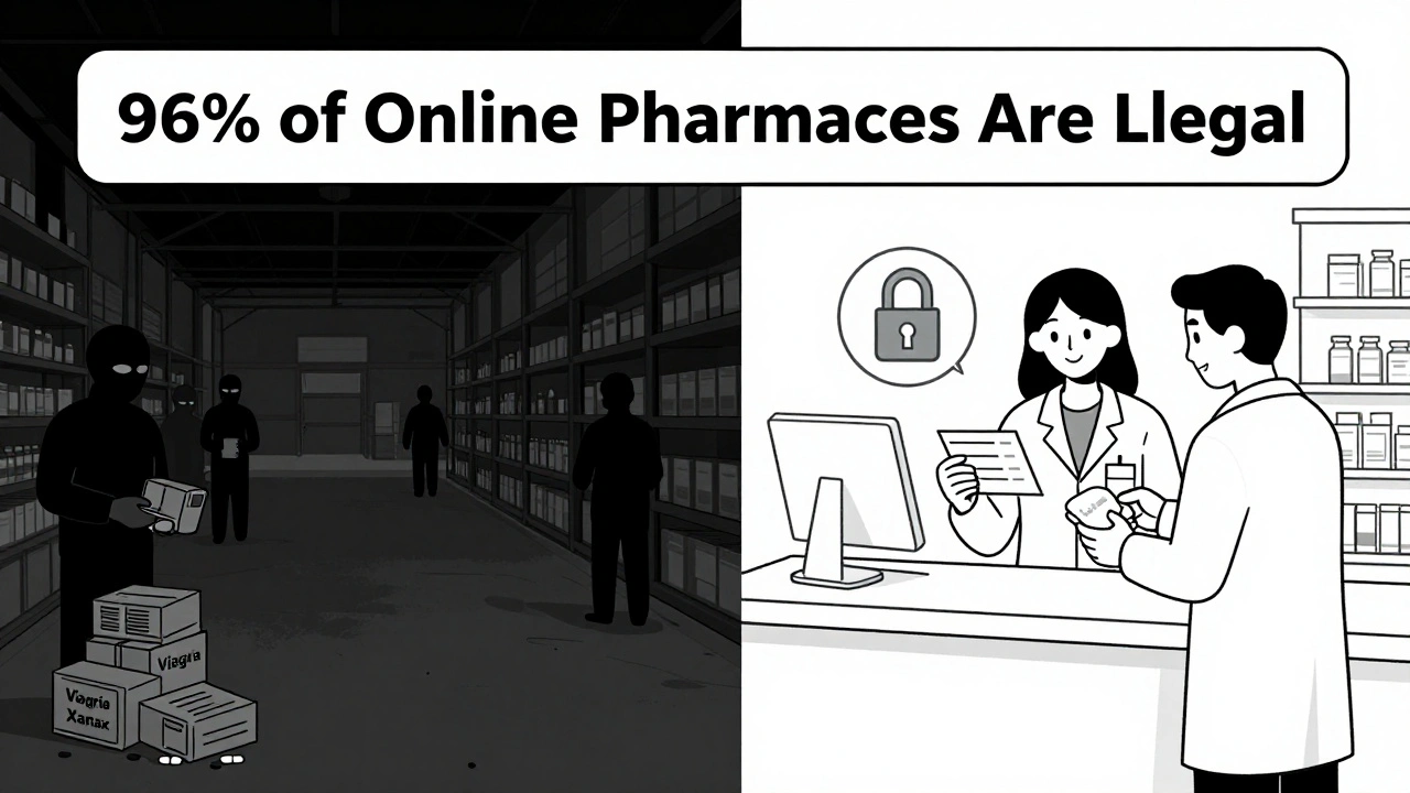 Split scene: illegal pharmacy on left, licensed pharmacy with pharmacist on right
