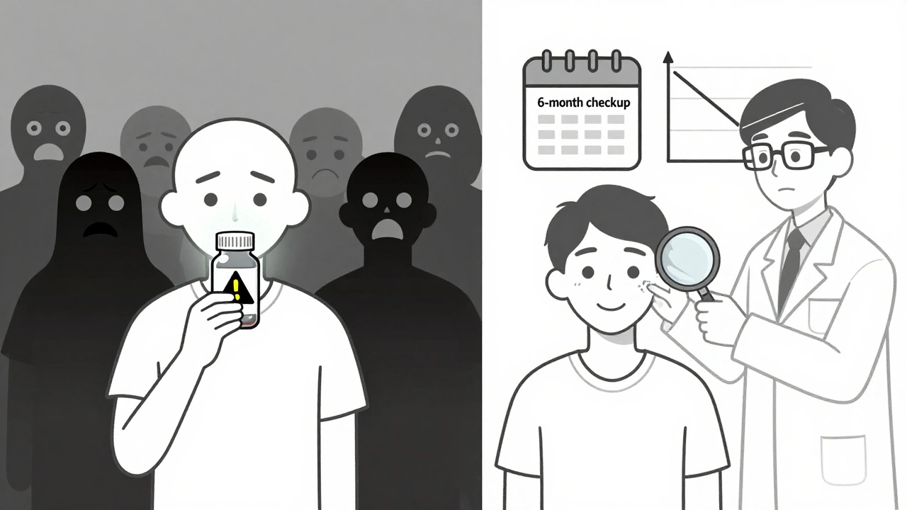 Split scene: patient fearful of cancer warning on left, receiving skin check on right with medical calendar.