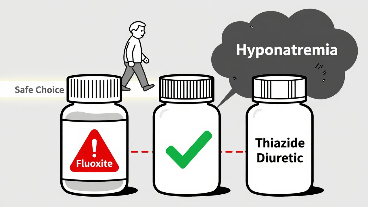 Three antidepressant bottles compared with safety warnings and safe choice path.