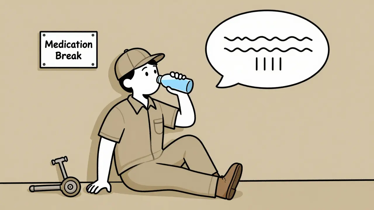 Warehouse employee taking a break to drink water, with sign for medication accommodation nearby.