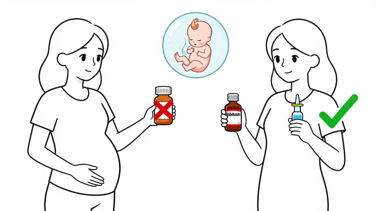 Woman choosing safe single-ingredient cold medicine over multi-symptom option, fetus protected in bubble