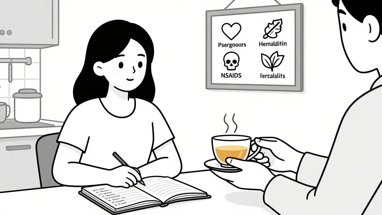 Woman listing medications in notebook while partner offers ginger tea, wall chart shows safe and unsafe options