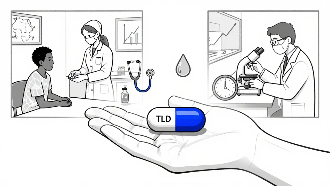 A single HIV pill rests in a hand, surrounded by medical symbols of care and science.