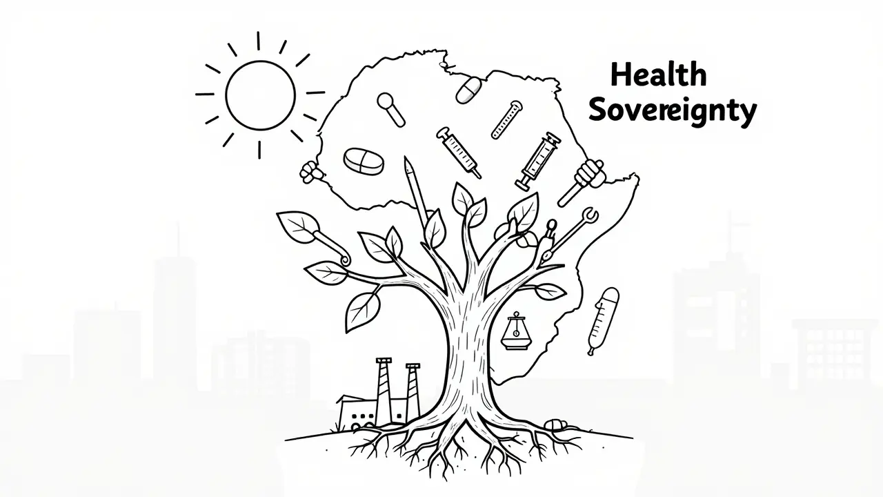 An African continent shaped like a tree, growing medicines and health tools from its roots.