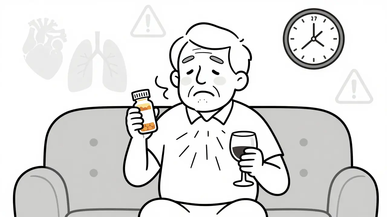 An elderly person holding pill and wine, with jagged lines showing troubled breathing.