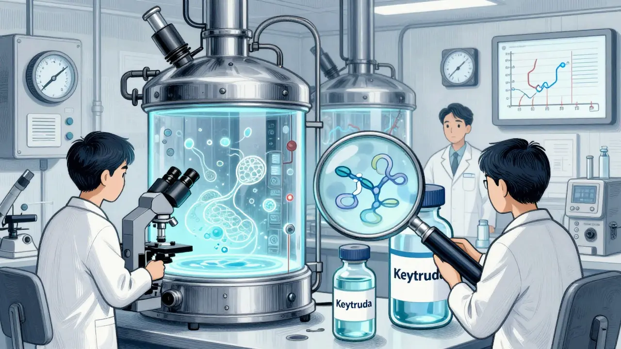 Bioreactor facility with scientists monitoring protein structures, comparing Keytruda and its biosimilar under magnifying glass.