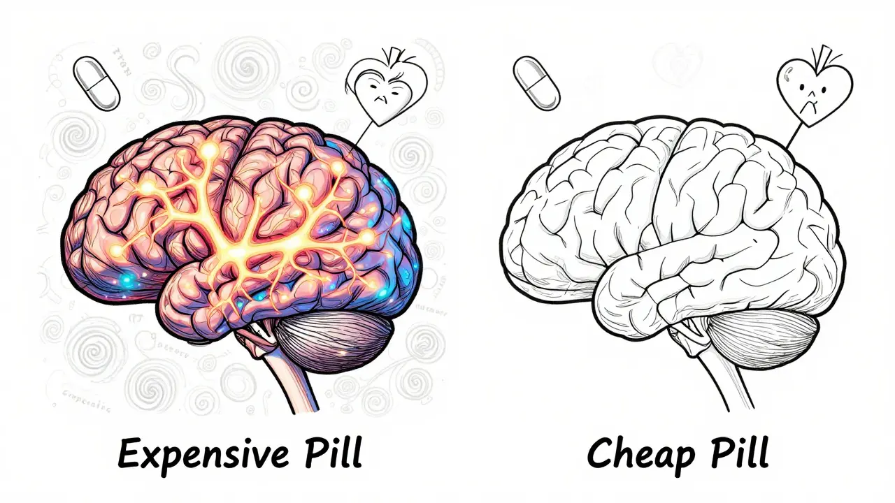 Brain split into two halves showing active neural pathways for expensive vs. cheap pills, both with identical pills inside.