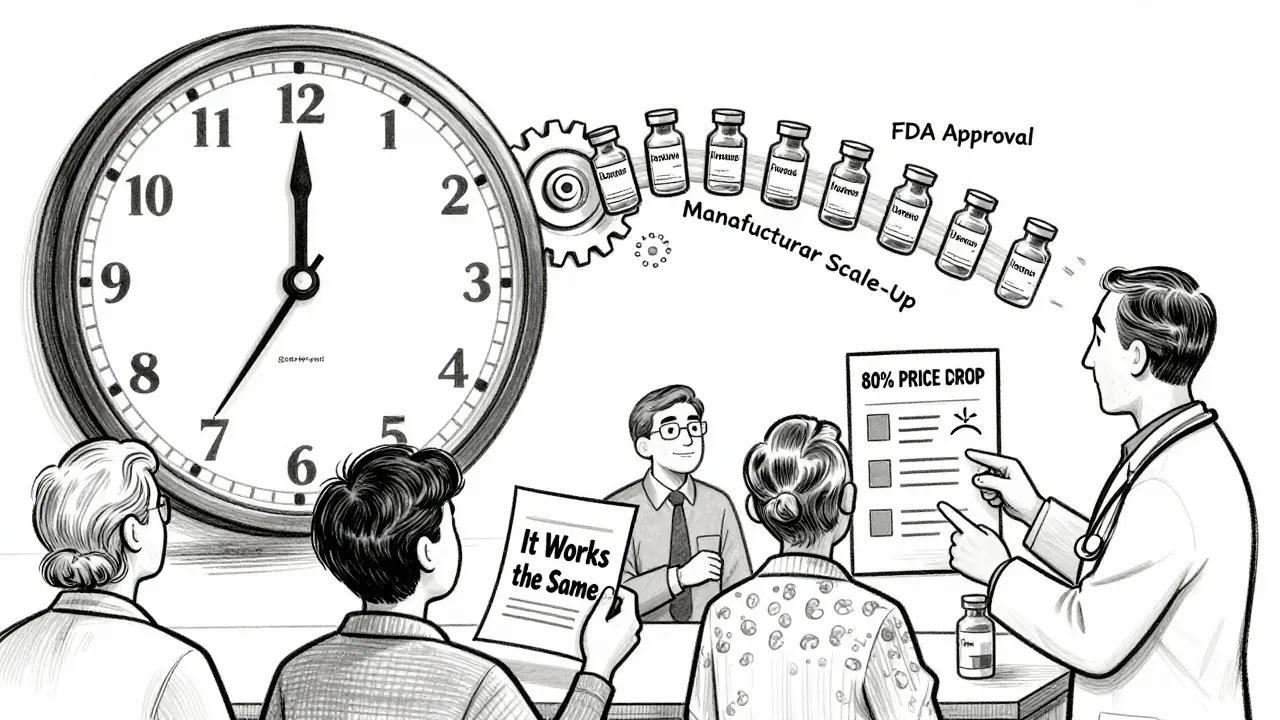 Clock face with medical process gears turning as biosimilars flow toward patients, with a doctor explaining affordability.