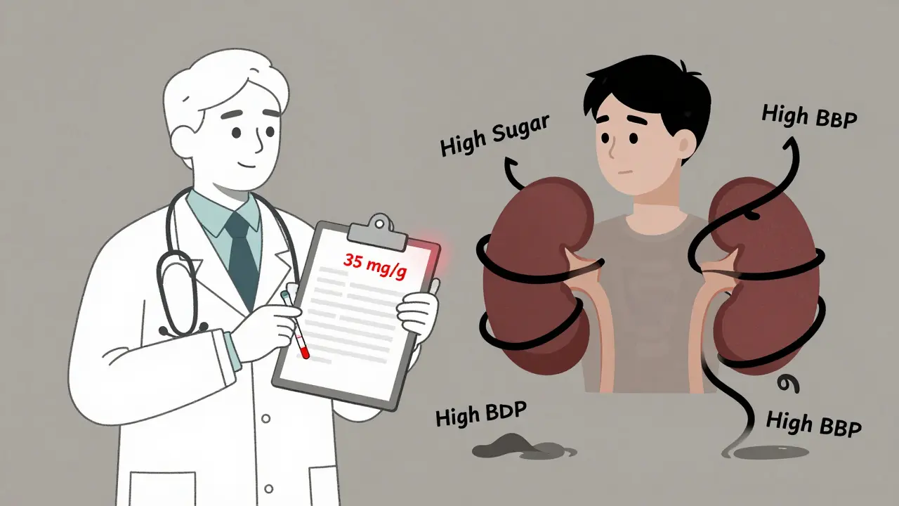 Doctor holding a urine test with red result while vines of high sugar and blood pressure creep toward kidneys.