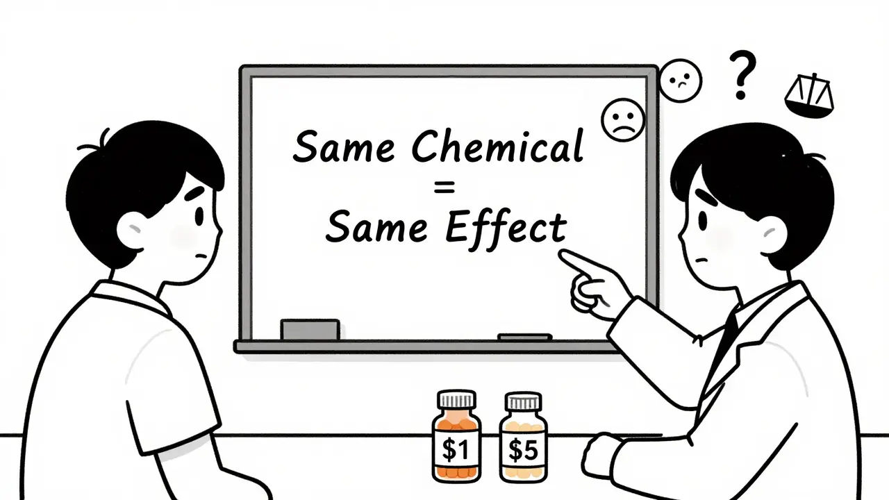 Doctor points to whiteboard explaining generic drugs while patient stares at expensive and cheap pill bottles in consultation room.