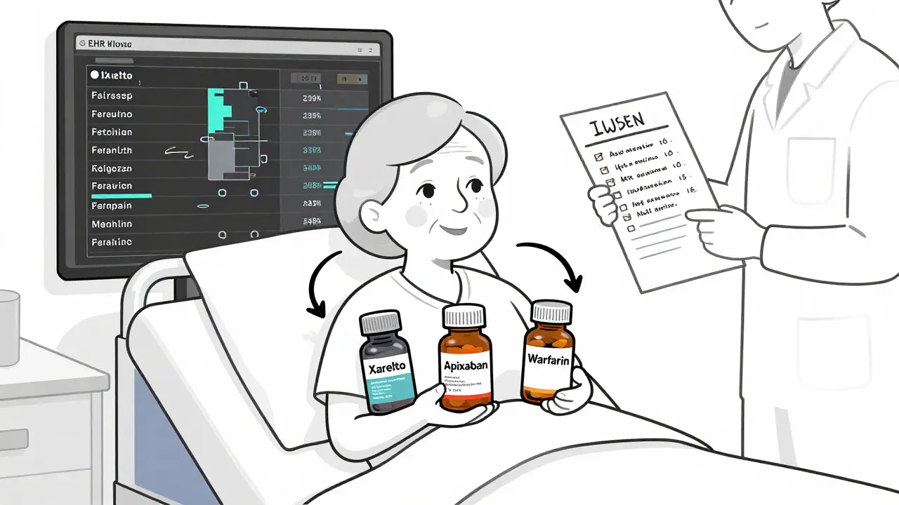 Elderly patient with three different medication bottles and a glitching electronic health record screen.
