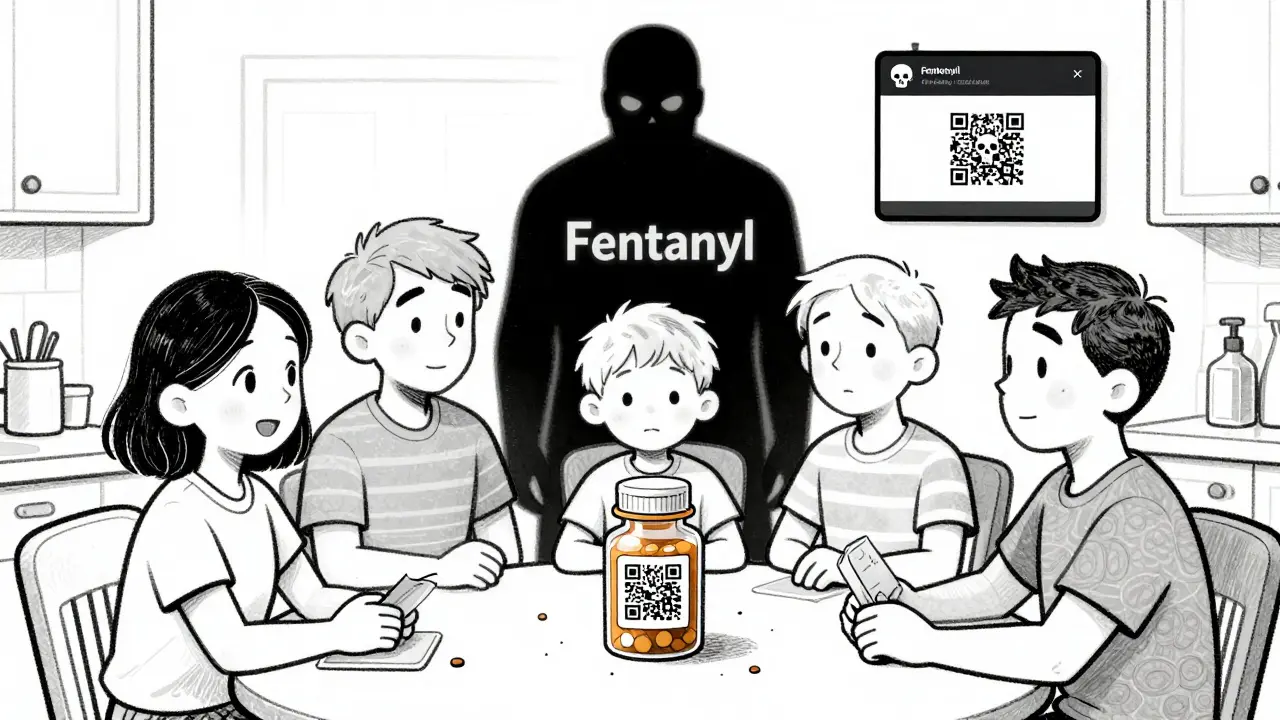 Family concerned over a fake medicine bottle with broken seal and hidden fentanyl threat in the background.