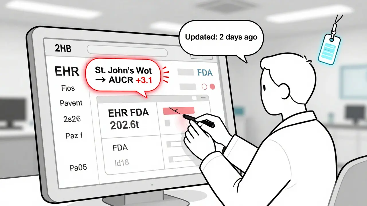 Futuristic digital interface showing real-time drug interaction alerts updating with new evidence.