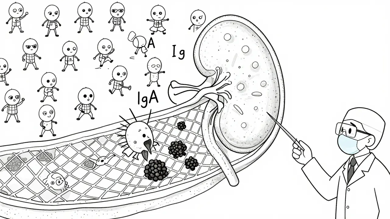 Immune cells attacking kidney filters, with protein clumps forming during glomerulonephritis.