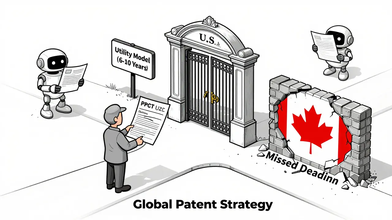 Inventor at a crossroads choosing between utility model, 20-year patent, and missed deadline paths in global patent strategy.