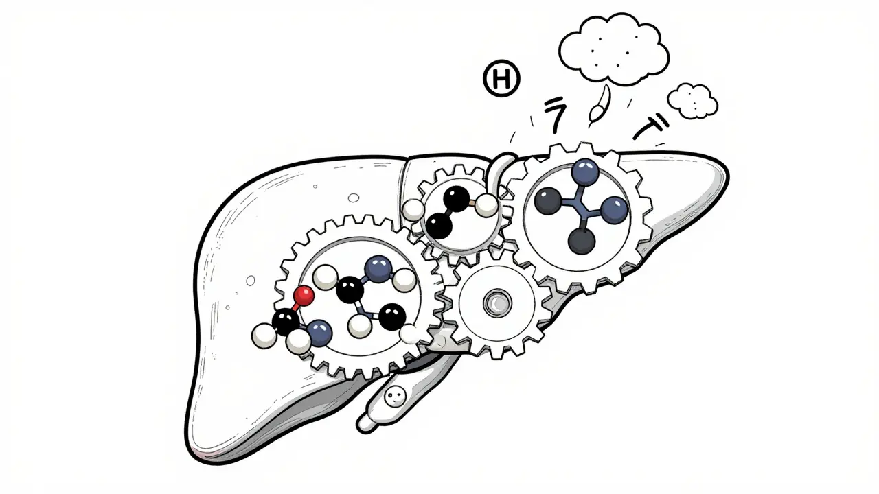 Liver with enzyme gears blocking carbamazepine metabolism, causing CBZ-E buildup