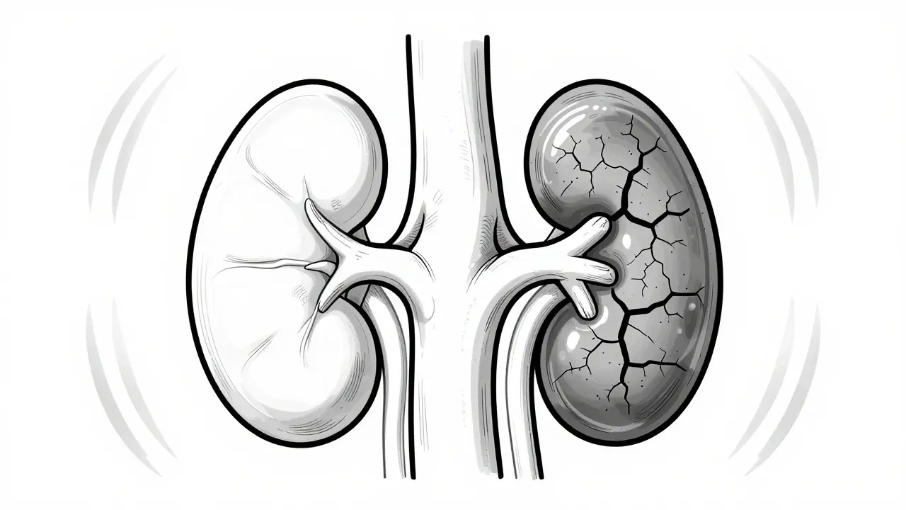 Narrowed arteries reducing blood flow to kidneys, causing glomerular scarring from high blood pressure.