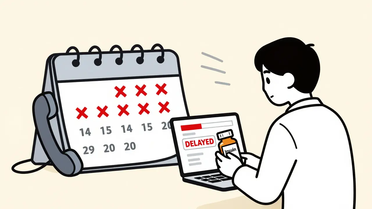 Patient checking a delayed shipping tracker beside a calendar marked with missed refill dates.