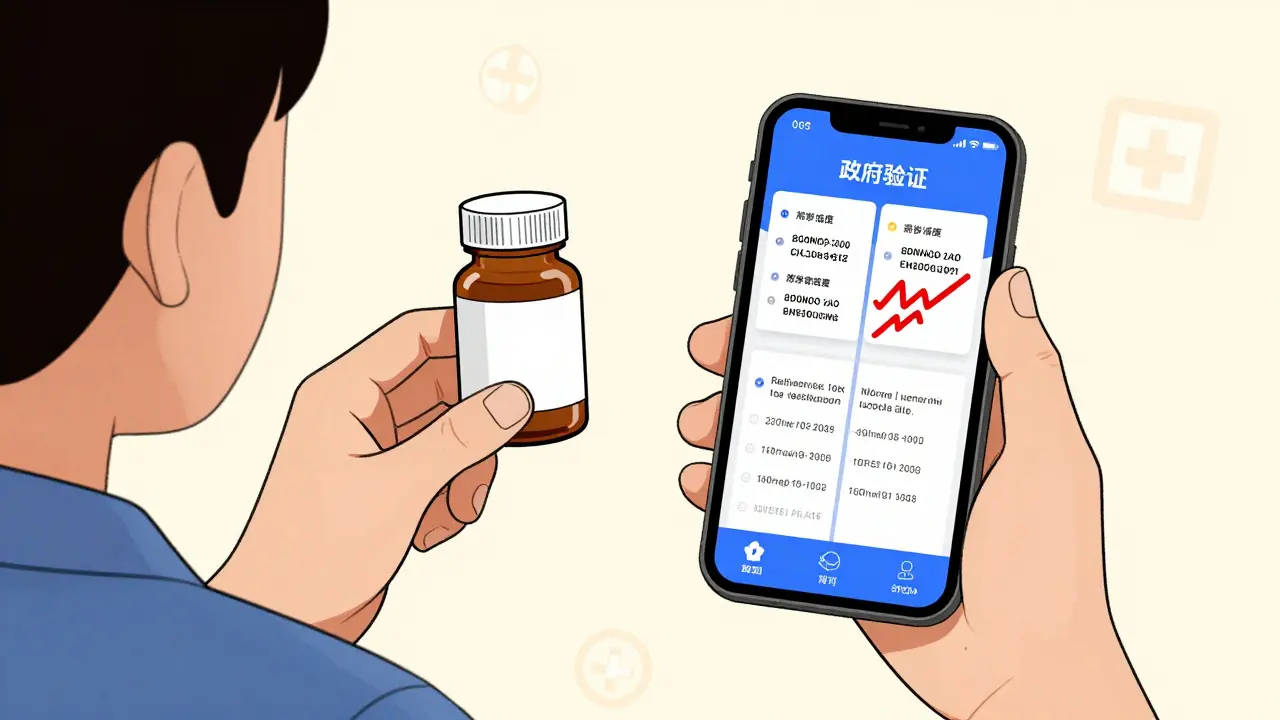 Patient checking medicine authenticity on a phone app, comparing legitimate and fake serial codes.