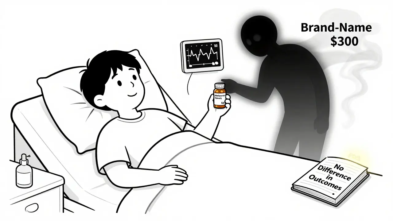 Patient holding affordable generic pill while expensive brand-name version fades away.
