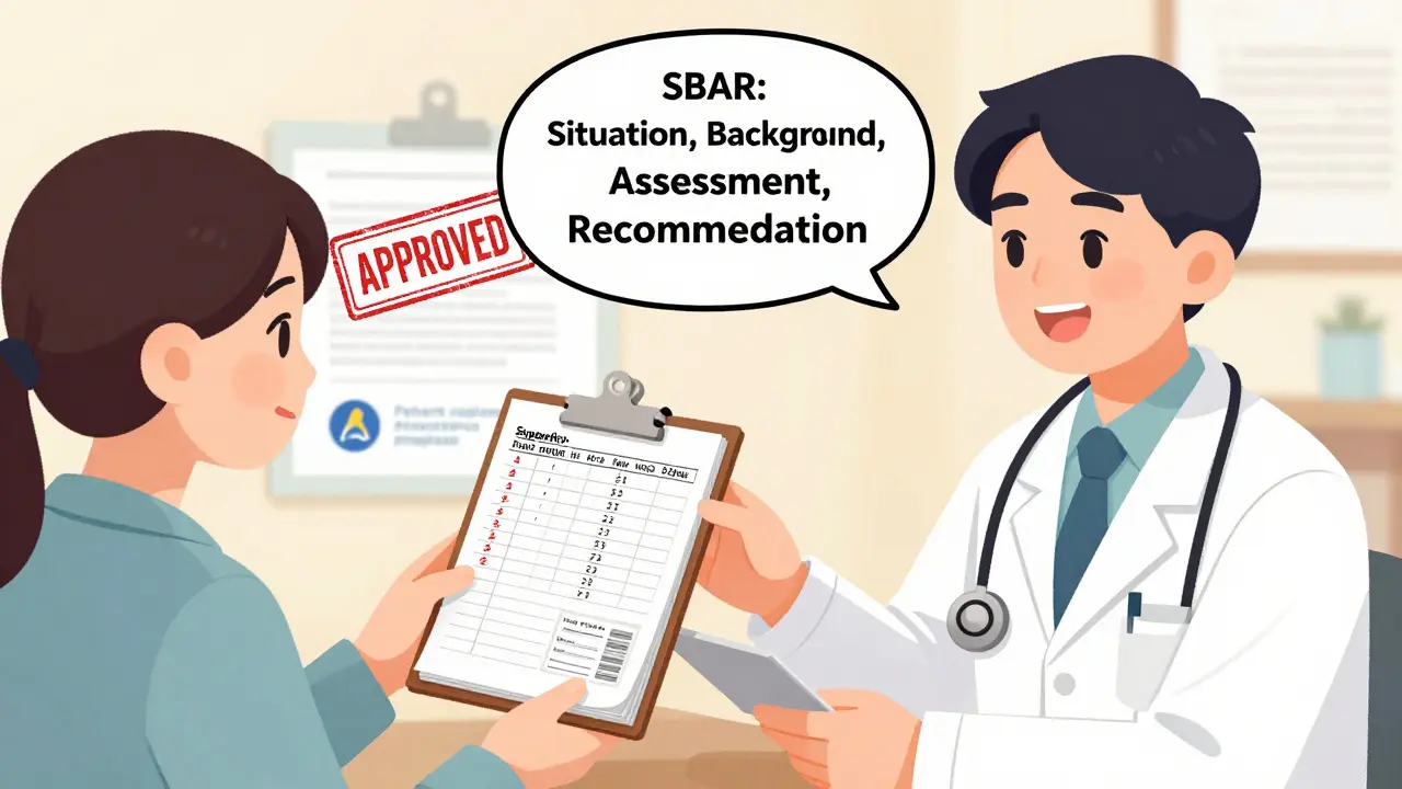 Patient presenting symptom log and records to doctor for approval