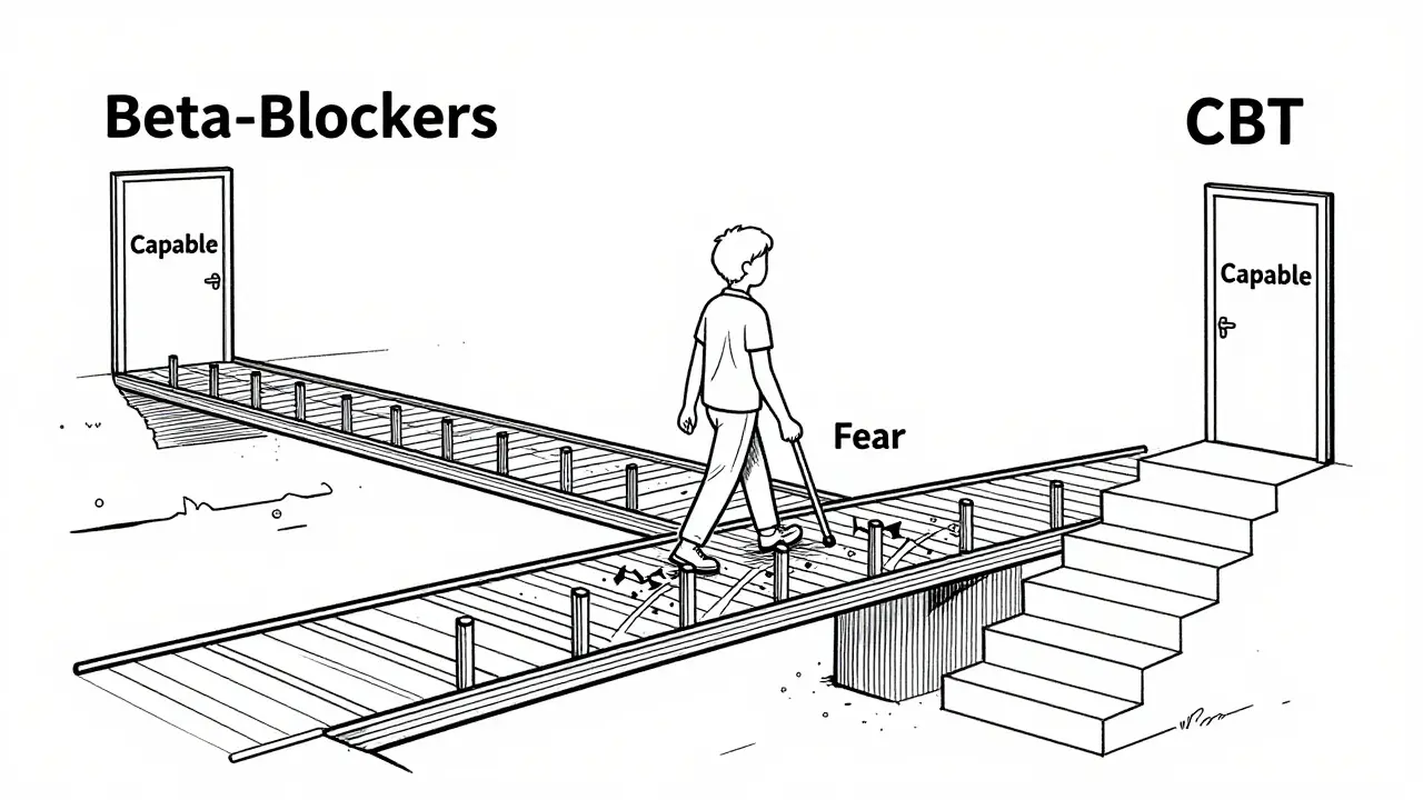 Person walking across a bridge of beta-blockers and CBT, leaving fear behind toward capability.