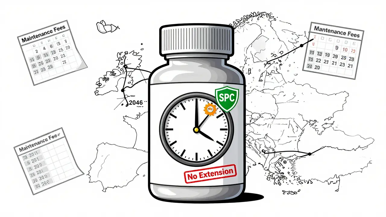 Pharmaceutical pill bottle with expiration clocks for Europe, U.S., and India, surrounded by maintenance fee reminders.