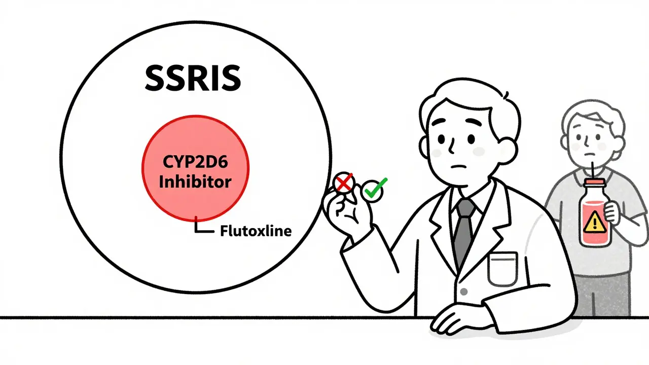 Pharmacist comparing two SSRIs, one flagged as dangerous due to enzyme inhibition, while an elderly patient holds grapefruit juice.