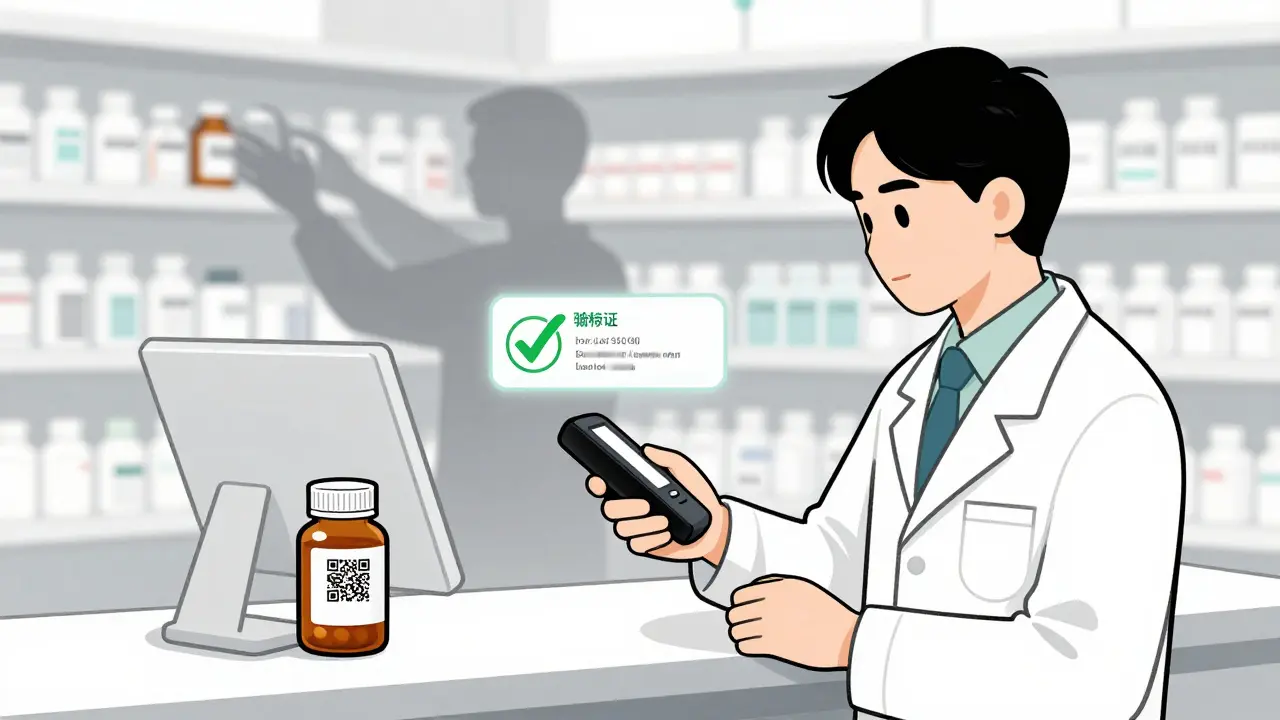 Pharmacist scanning a pill bottle's barcode with a digital verification overlay showing approval.