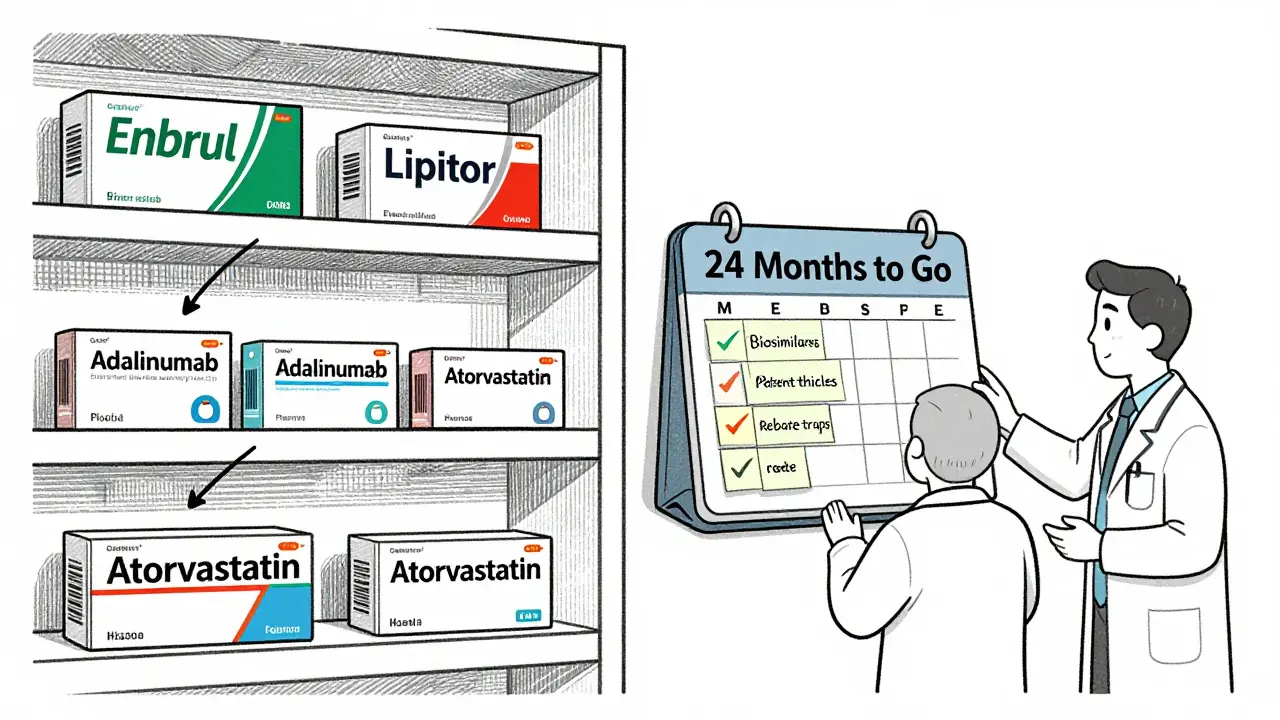 Pharmacy shelf showing brand-name drugs transitioning to generic versions with a calendar marked 24 months away.