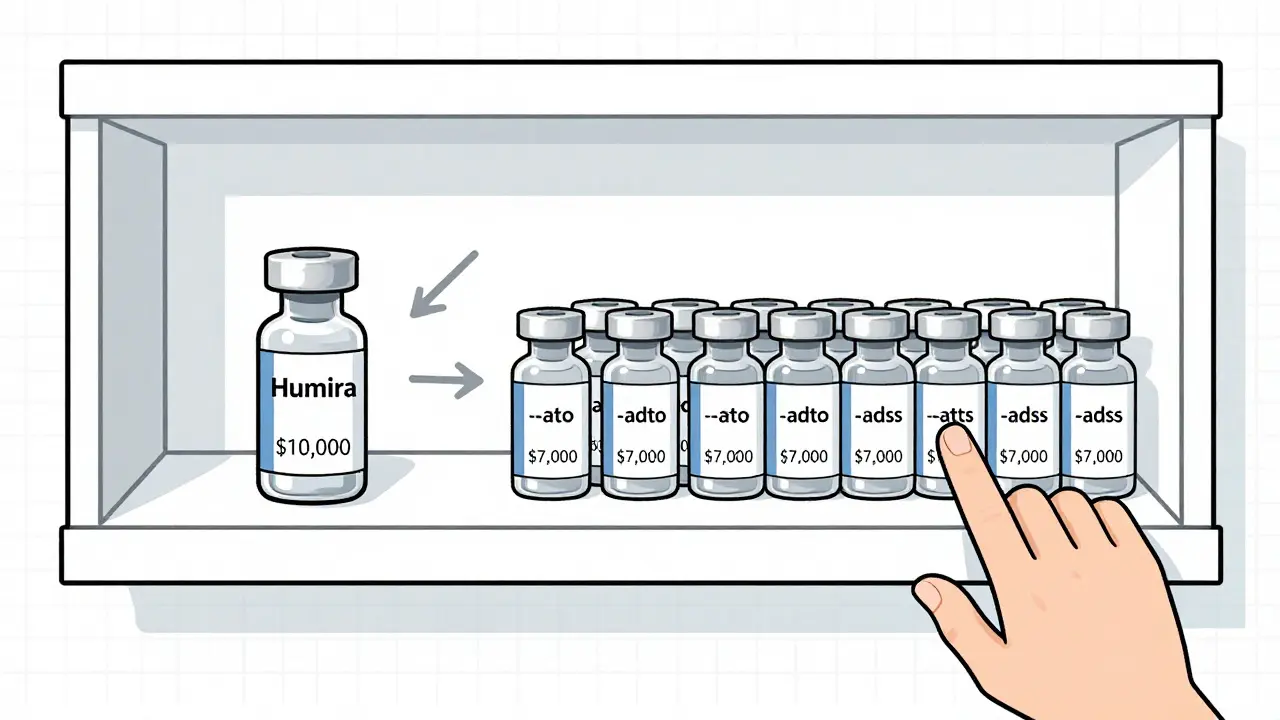 Pharmacy shelf split between expensive brand biologic and multiple cheaper biosimilars, with patients reaching for the lower-cost options.