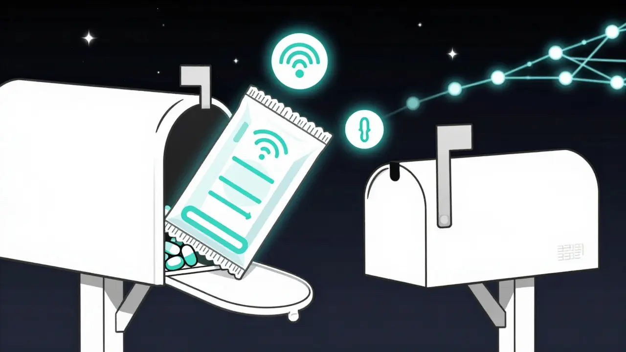Smart medication package with digital tracking icons being delivered to a mailbox at night.