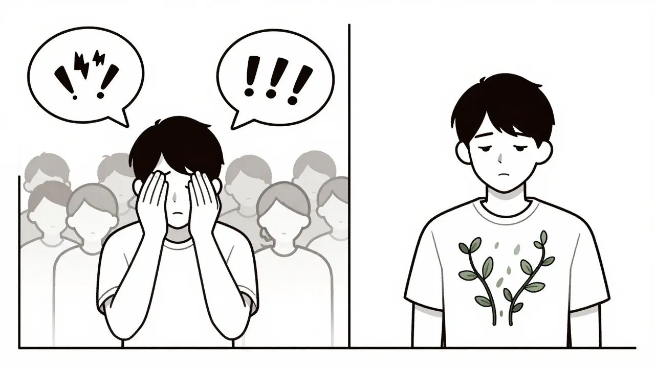 Split illustration: anxious person in crowd vs. same person calmly practicing therapy techniques.