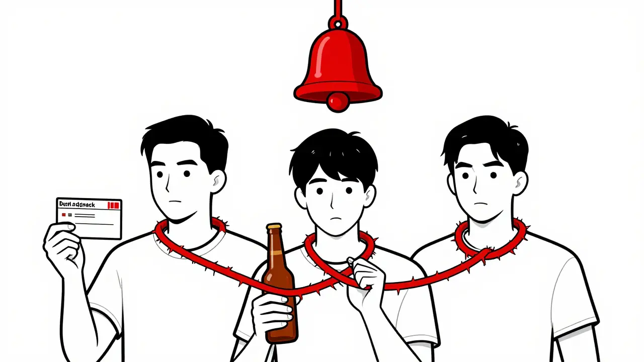 Three figures connected by red threads forming a noose, with a warning bell above.