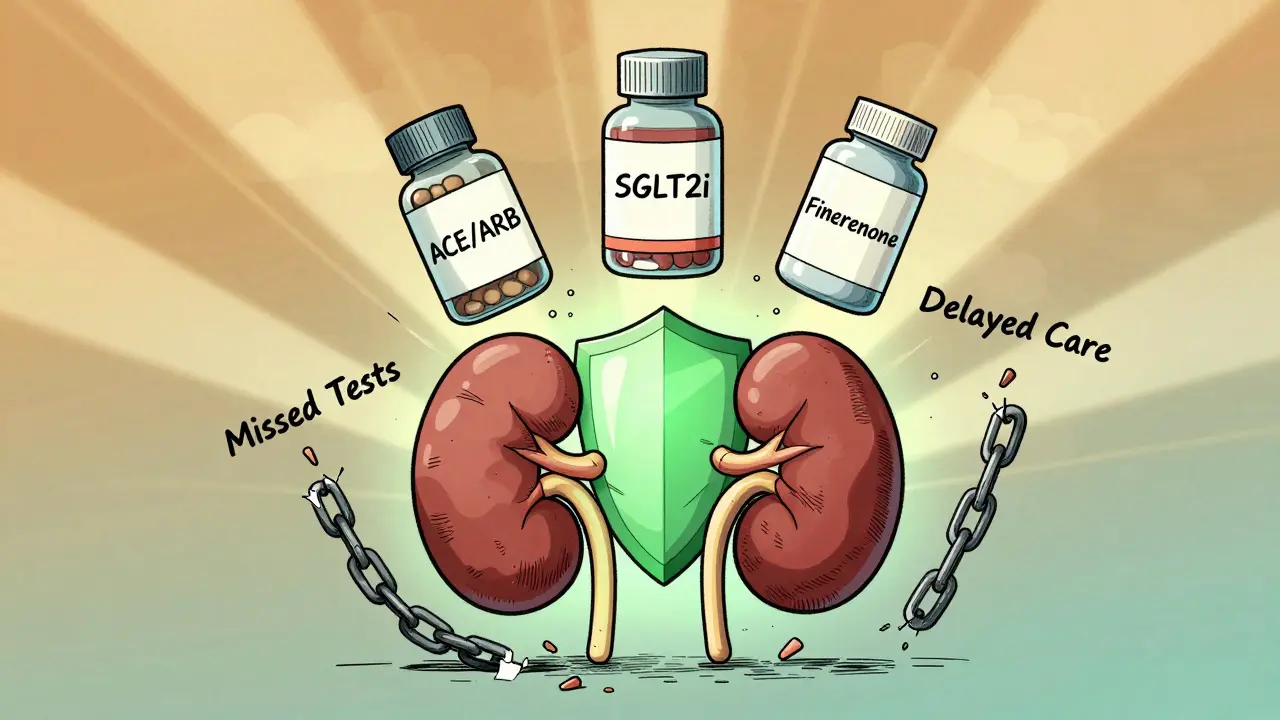 Three kidney-protecting medications forming a shield over healthy kidneys, with broken barriers of neglect below.