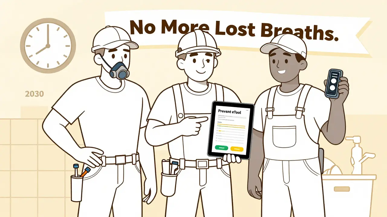 Three workers with respirators and spirometry device, holding tools under 'Prevent eTool' banner