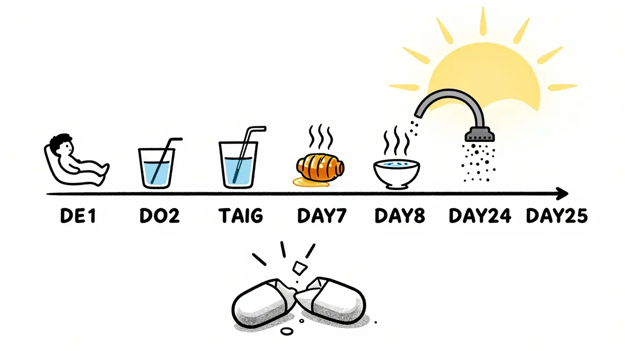 Timeline of bronchitis recovery with natural remedies and fading antibiotics.