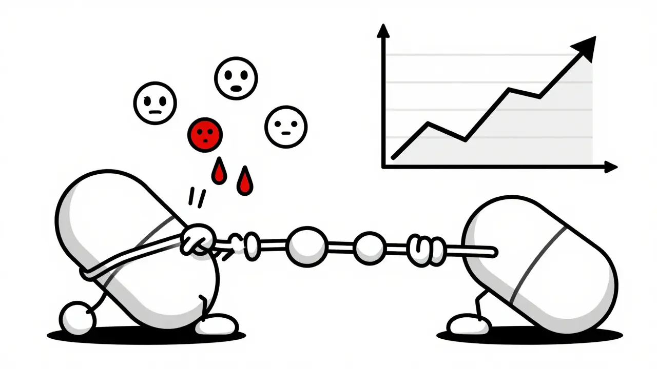 Valproate and lamotrigine pills pulling on a protein chain, levels doubling